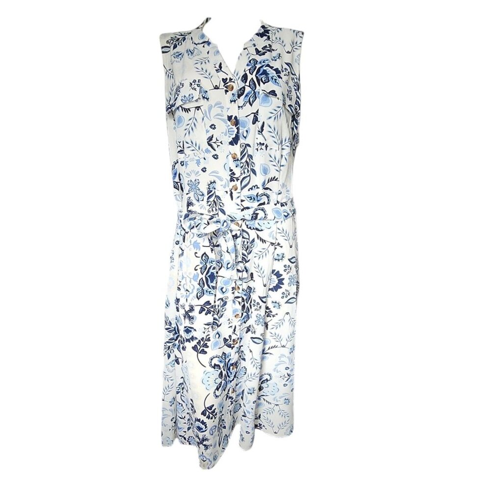 Croft & Barrow Dress Womens Size XXL Blue White Floral Tie Waist Button Maxi‎